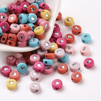 Perles acryliques opaques, plat et circulaire avec coeur