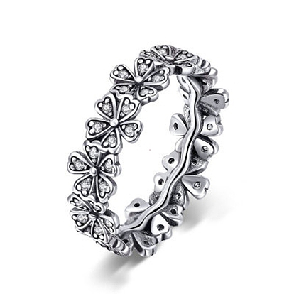 Thailand 925 Sterling Silver  Finger Rings,with Cubic Zirconia, with 925 Stamp,Daisy, Antique Silver
