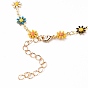 Golden Brass Flower Enamel Links Anklets, with Brass Curb Chains & Lobster Claw Clasps