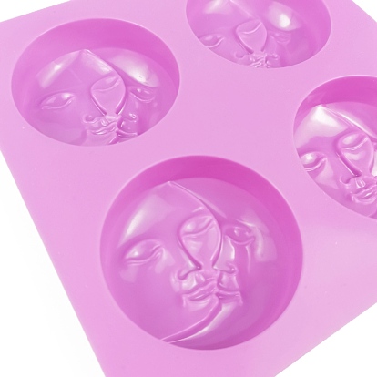 Moldes de silicona de jabón de bricolaje, para hacer jabones artesanales, redondo plano con patrón de luna y cara, 4 cavidades