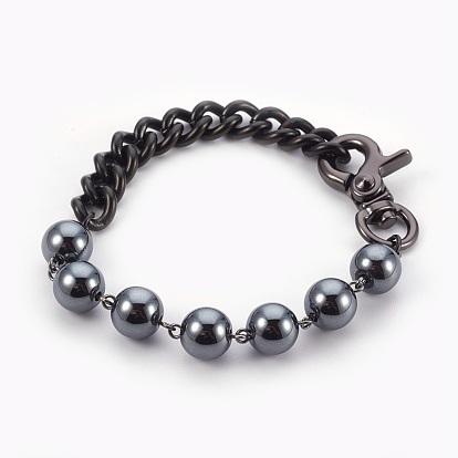 Men's Non-Magnetic Synthetic Hematite Beads Bracelets, with Zinc Alloy Swivel Snap Hook and 304 Stainless Steel Curb Chains
