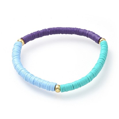 Bracelets extensibles de perles heishi en pâte polymère artisanale écologique, avec des perles de rocaille en verre galvanisées