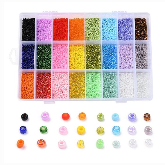 24 couleurs perles de rocaille en verre, couleurs opaques lustrées & ceylon & couleurs opaques graines & couleurs givrées & couleurs arc-en-ciel & couleurs lustrées & argentées & transparentes, ronde