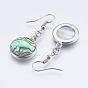 Abalone Shell/Paua Shell Dangle Earrings, with Brass Findings, Flat Round
