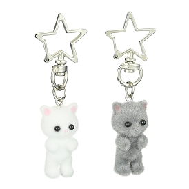 Flocky Resin Couple Cat Pendant Decoration, with Star Alloy Swivel Clasps