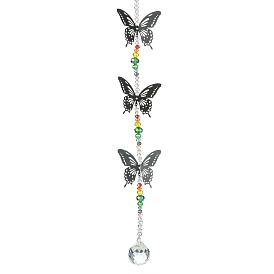 Faceted Round Glass Pendant Decorations, Glass Beads and 430 Stainless Steel Butterfly Links Pendants, for Home Decorations