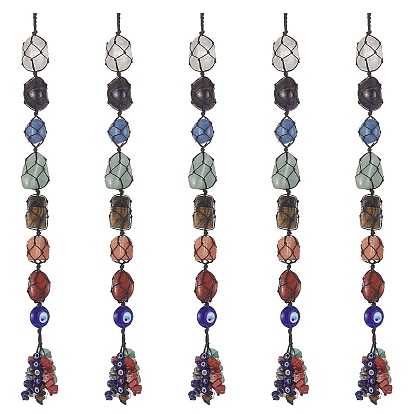 7 pépites de chakra décorations de pendentif de poche en pierres précieuses naturelles, ornements suspendus en fil de nylon et pompons en pierres précieuses