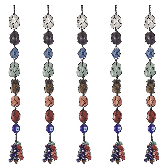 7 pépites de chakra décorations de pendentif de poche en pierres précieuses naturelles, ornements suspendus en fil de nylon et pompons en pierres précieuses