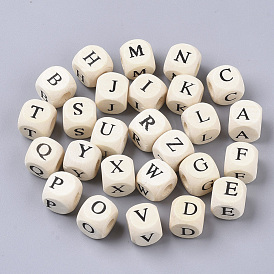 Printed Natural Schima Wood Beads, Horizontal Hole, Cube with Initial Letter, PapayaWhip, Lead Free