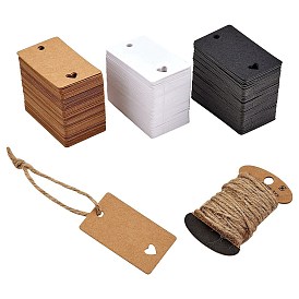 300Pcs 3 Colors Rectangle with Heart Paper Price Tags, Hang Tags, 2 Boards Jute Cord, Jute String, for Jewelry Display, Arts and Crafts, Wedding Christmas