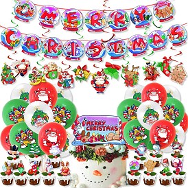 Christmas Theme Party Decoration Kit, Including Banner Flag, Balloon, Cake Cards, Silk Ribbon, Swirl Streamers for Party Background Decoration
