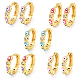 Evil Eye Real 18K Gold Plated Brass Hoop Earrings, with Enamel and Clear Cubic Zirconia