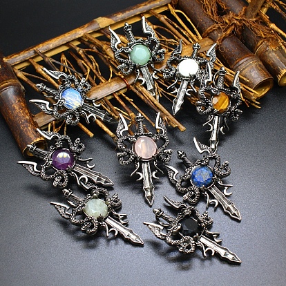 Collier pendentif épée de dragon de pierres précieuses, bijoux en alliage gothique pour hommes femmes, argent antique et platine