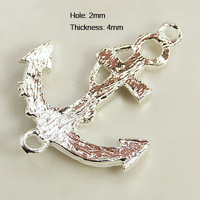 Alloy Rhinestone Links/Connectors, Cadmium Free & Lead Free, Grade A, Anchor, Silver Metal Color, 37x28x4mm, Hole: 2mm
