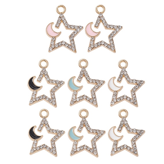 8 piezas 4 colgantes de diamantes de imitación de aleación de chapado en estante de colores, con esmalte, sin níquel, encantos de estrella con luna