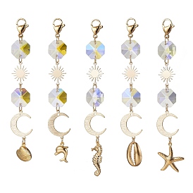 304 Stainless Steel Sea Animals Pendant Decorations, Glass Octagon & Sun/Moon Brass Link and Lobster Claw Clasps Charms