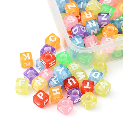 Perles acryliques transparentes, trou horizontal, cube avec des lettres mélangées aléatoires