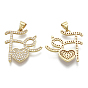 Brass Micro Pave Cubic Zirconia Pendants, with Brass Snap on Bails, Nickel Free, Letters with Heart, Real 16K Gold Plated