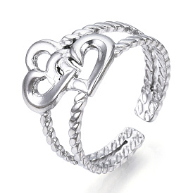 304 Stainless Steel Interlocking Heart Open Cuff Ring, Hollow Chunky Ring for Women