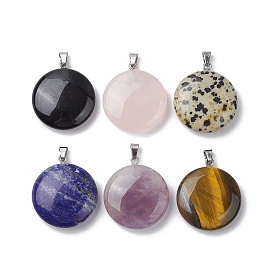 Natural Mixed Stone Pendants, Flat Round Charms with Stainless Steel Color Plated Stainless Steel Snap on Bails