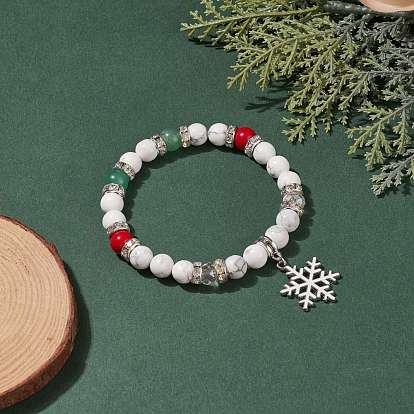 Natural Green Aventurine & Howlite & Mashan Jade Stretch Bracelet, Christmas Snowflake Alloy Charm Bracelet for Women