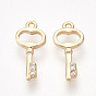 Brass Cubic Zirconia Charms, Key, Nickel Free, Real 18K Gold Plated
