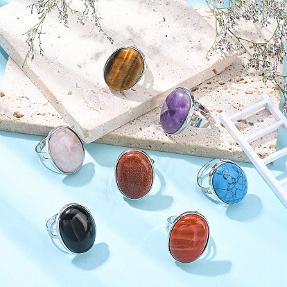 Great Valentines Gifts Gemstone Rings, with Brass Findings, Oval, Adjustable, 18mm