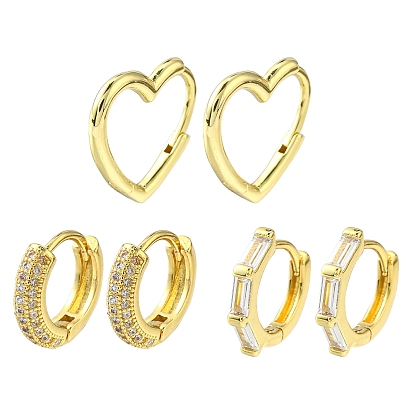 3Pairs 3 Style Clear Cubic Zirconia Heart & Rectangle & Ring Hoop Earrings, Brass Jewelry for Women