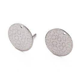 304 Stainless Steel Stud Earring Findings, Flat Round with Flower Pattern