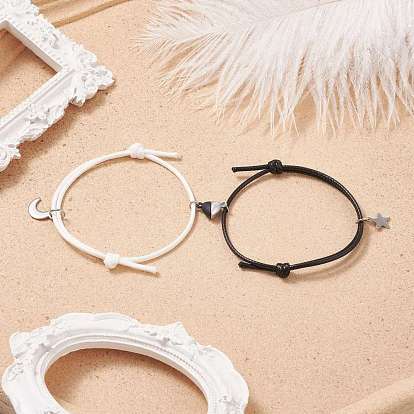 Magnetic Heart Match Couple Bracelets Set, 304 Stainless Steel Star & Moon Charms Bracelets for Best Friends Lovers