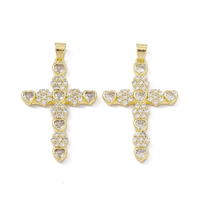 Rack Plating Brass Micro Pave Cubic Zirconia Pendants, Cadmium Free & Lead Free, Long-Lasting Plated, Religion Cross with Heart & Flower Charm