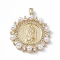 Rack Plating Brass Micro Pave Cubic Zirconia Pendants, with Plastic Imitation Pearl, Cadmium Free & Lead Free, Long-Lasting Plated, Flat Round with Religion Virgin Mary Charm