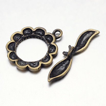 Brushed Antique Bronze Brass Toggle Clasps, Flower & Leaf, Nickel Free, 21x18x2mm, , Bar: 5x27x6mm, Hole: 1mm