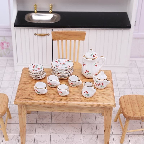 Mini juegos de té de cerámica, incluyendo taza, tetera, platillo, accesorios de casa de muñecas micro jardín paisajístico, simulando decoraciones de utilería, patrón de flor/hoja