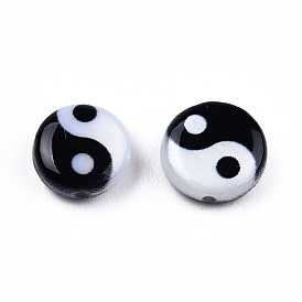 Natural Freshwater Shell Printed Beads, Yin Yang Pattern, Black