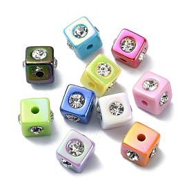 Opaque Acrylic Beads, with Rhinestone, AB Color, Cube