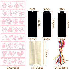 Scratch Rainbow Painting Art Paper, DIY Bookmark Scratch Art, with 24Pcs Paper Card, 24Pcs Silk Ribbon, 8Pcs Christmas Theme Stencil and 12Pcs Bamboo Sticks