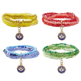 Bracelet multi-brins de perles de graines de verre, Bracelet extensible à breloques en émail en alliage mauvais œil