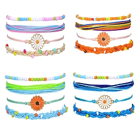 Glass Seed Beads Wax Cord Braided Bead Bracelets Sets, Bohemia Style Flower Alloy Enamel Link Bracelet for Women