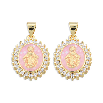 Brass Micro Pave Clear Cubic Zirconia Pendants, with Enamel and Shell, Real 18K Gold Plated, Nickel Free, Oval with Virgin Mary