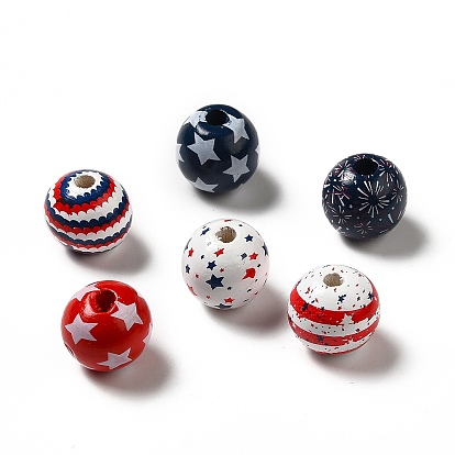 Independence Day Theme Printed Natural Wooden Beads, Round with Fireworks/Wave/Stripe/Star Pattern