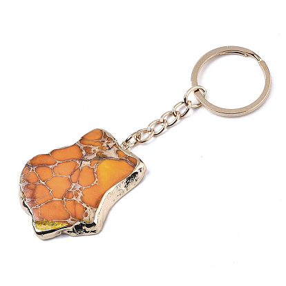Natural Regalite/Imperial Jasper/Sea Sediment Jasper Keychain, with Golden Plated Edge & Light Gold Stainless Steel Split Key Rings, Dyed, Nuggets