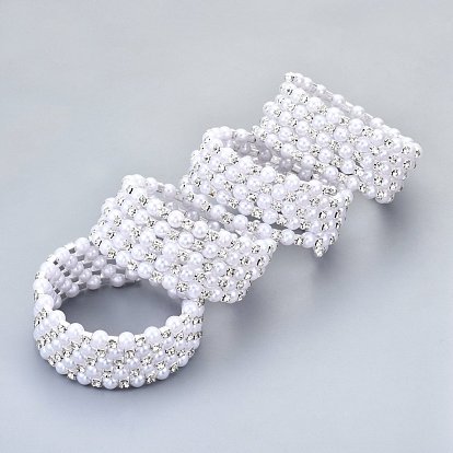 Five Loops Iron Wrap Bracelets, with Rhinestone and ABS Plastic Imitation Pearl, Platinum