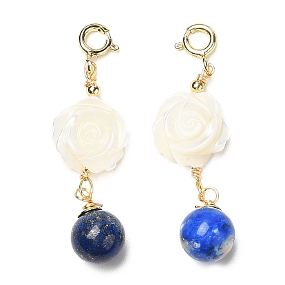 Natural Lapis Lazuli Round Pendant Decorations, with Rose Natural White Shell and Brass Spring Ring Clasps
