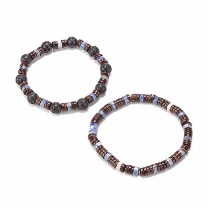 2 шт. 2 набор эластичных браслетов из натурального кокоса, голубой точечной яшмы и лавового камня, украшенный бусинами, украшения из драгоценных камней с эфирными маслами для женщин