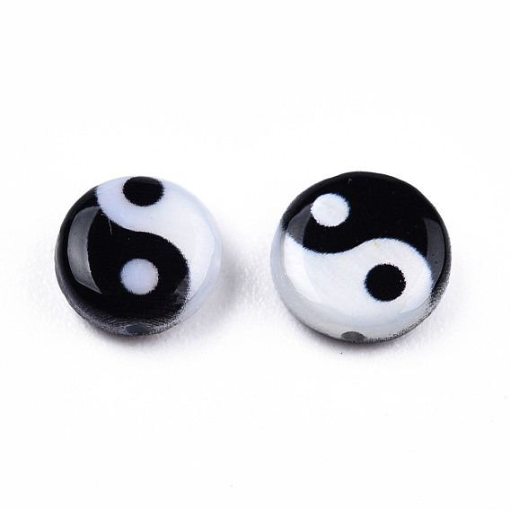 Cuentas impresas de conchas naturales de agua dulce, yin yang patrón, negro