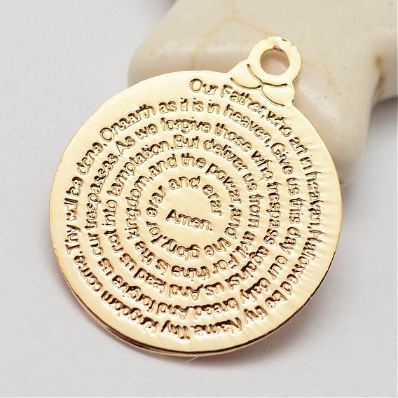 Brass Pendants, Long-Lasting Plated, Flat Round, with Word, Saying Charms