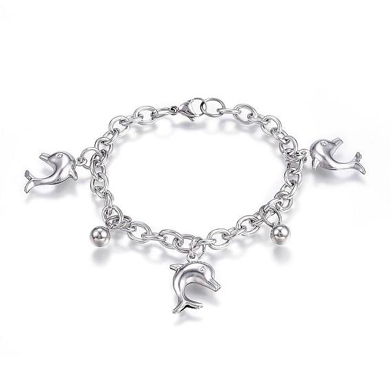 304 Stainless Steel Charm Bracelets, Dolphin