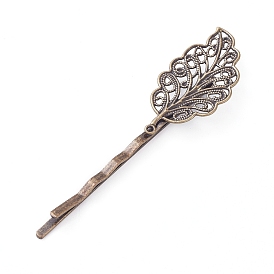 Hair Accessories Iron Hair Bobby Pin Findings, with Brass Filigree Leaf Cabochon Bezel Settings