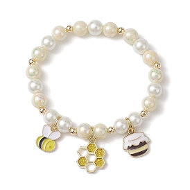 Bracelets à breloques en alliage émaillé abeille, avec des perles rondes en acrylique et en verre